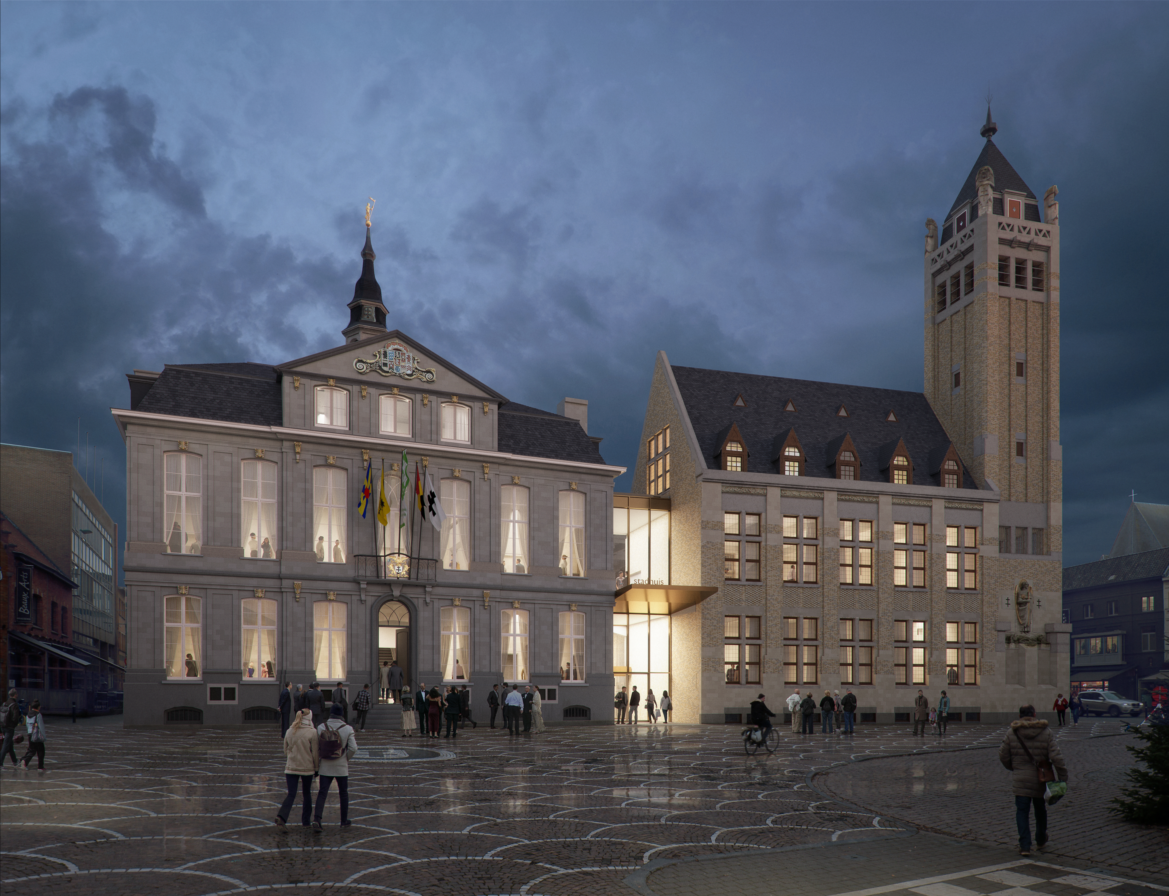 B architecten 2023 City Hall Roeselare Img01 Grote Markt Blue Hour THIRD