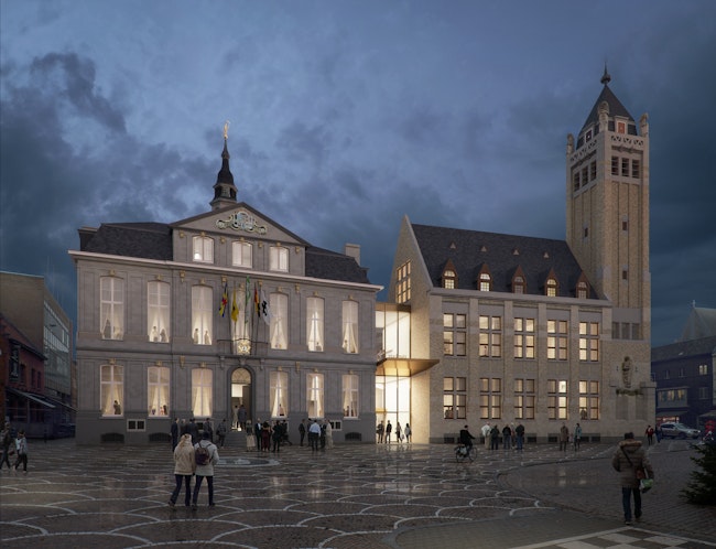 B architecten 2023 City Hall Roeselare Img01 Grote Markt Blue Hour THIRD